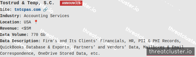 Leak-site post naming Tostrud & Temp, S.C., captured by ThreatCluster