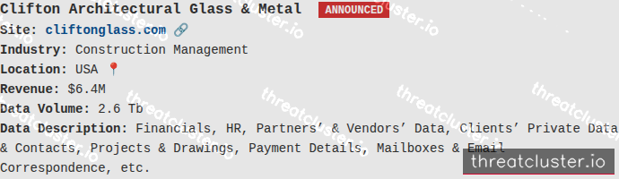 Leak-site post naming Clifton Architectural Glass & Metal, captured by ThreatCluster