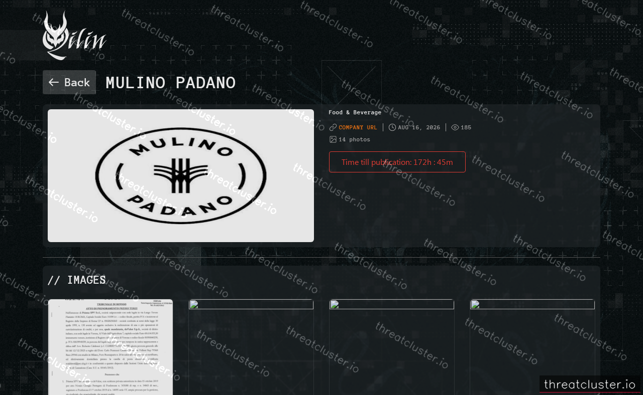 Leak-site post naming Mulino Padano, captured by ThreatCluster