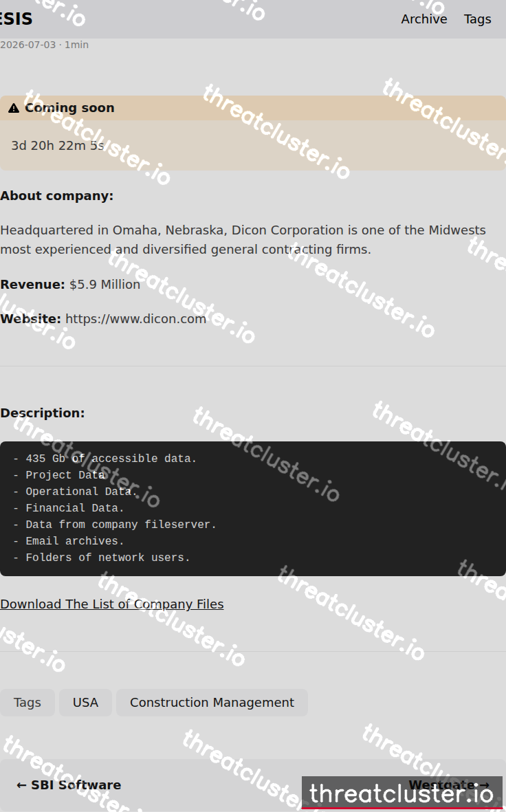 Leak-site post naming DICON, captured by ThreatCluster