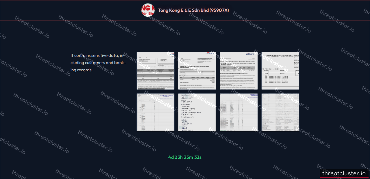 Leak-site post naming Tong Kong E & E Sdn Bhd (95907X), captured by ThreatCluster