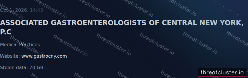 Leak-site post naming ASSOCIATED GASTROENTEROLOGISTS OF CENTRAL NEW YORK, P.C, captured by ThreatCluster