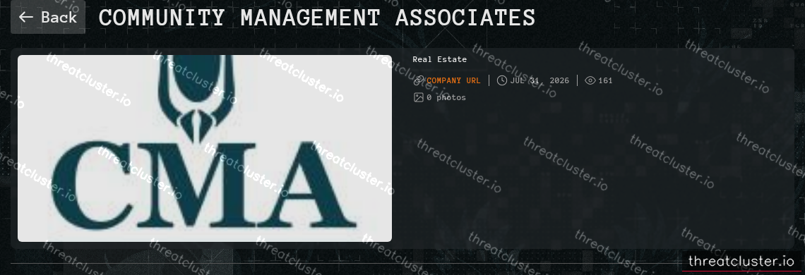Leak-site post naming Community Management Associates, captured by ThreatCluster
