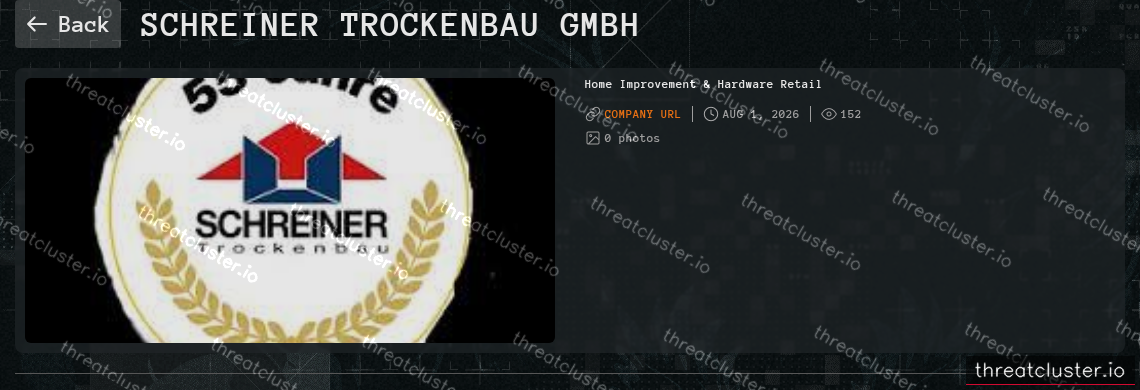 Leak-site post naming Schreiner Trockenbau GmbH, captured by ThreatCluster