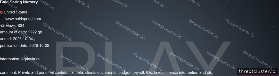 Leak-site post naming Bold Spring Nursery, captured by ThreatCluster