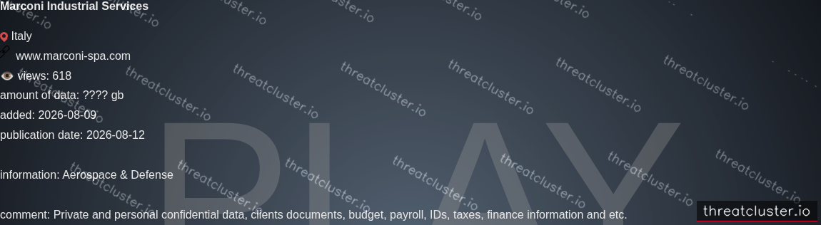 Leak-site post naming Marconi Industrial Services, captured by ThreatCluster