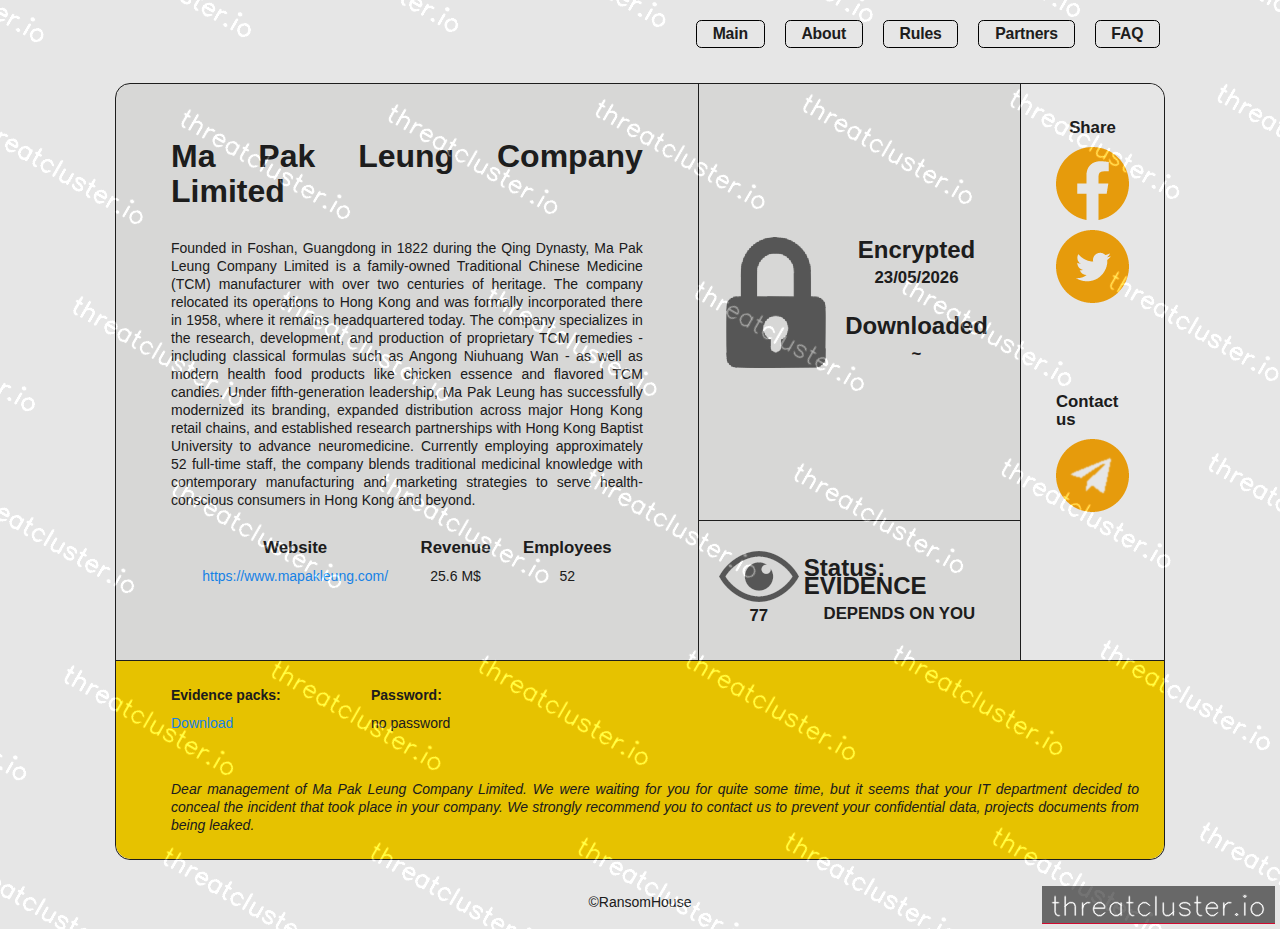 Leak-site post naming Ma Pak Leung Company Limited, captured by ThreatCluster