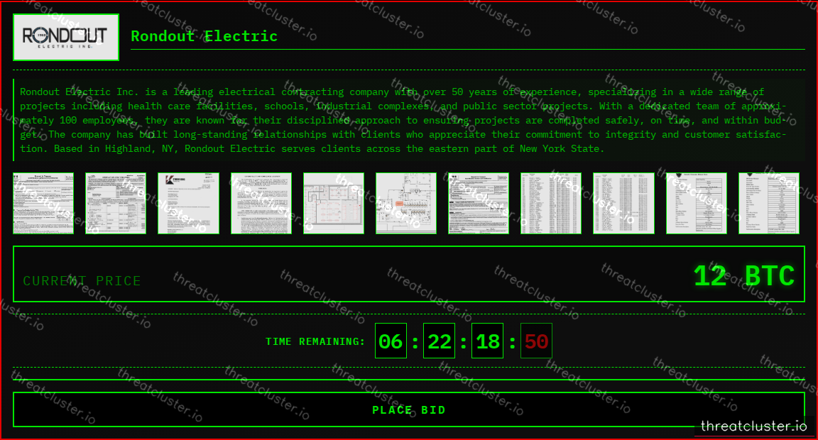 Leak-site post naming Rondout Electric, captured by ThreatCluster