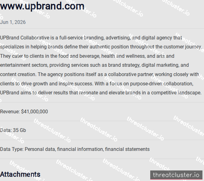 Leak-site post naming www.upbrand.com, captured by ThreatCluster