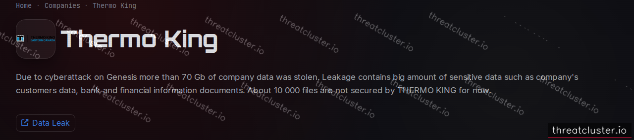Leak-site post naming Thermo King, captured by ThreatCluster