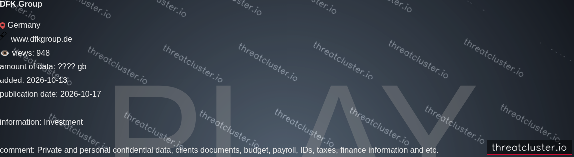 Leak-site post naming DFK Group, captured by ThreatCluster