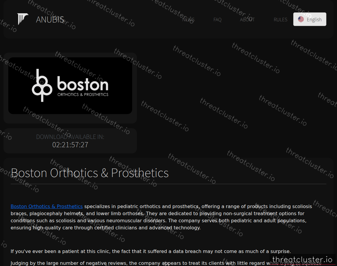 Leak-site post naming Boston Orthotics & Prosthetics, captured by ThreatCluster