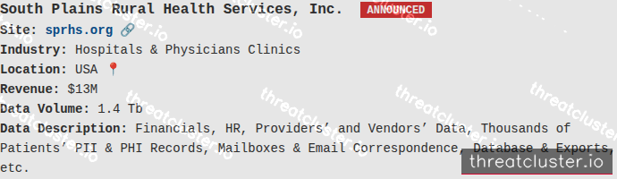 Leak-site post naming South Plains Rural Health Services, Inc., captured by ThreatCluster