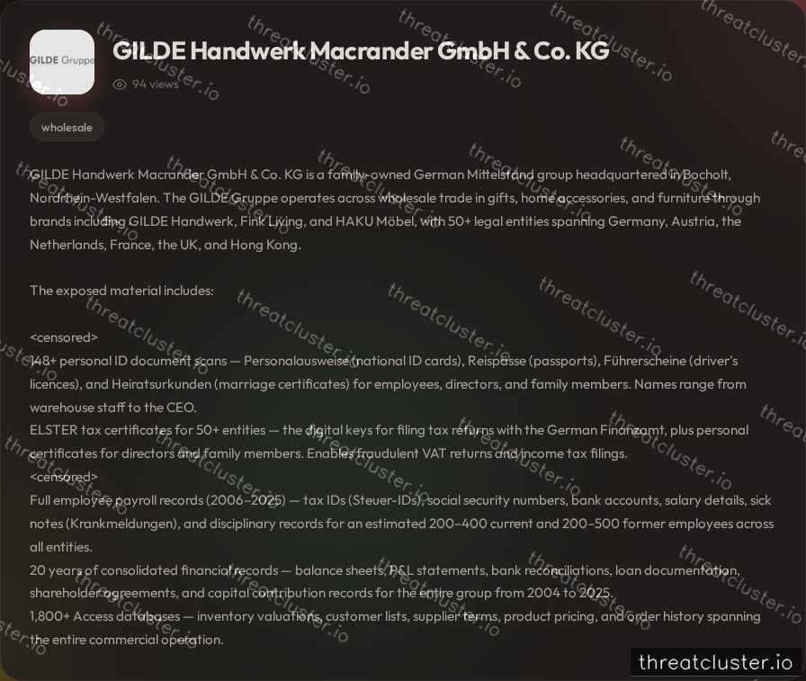 Leak-site post naming GILDE Handwerk Macrander GmbH & Co. KG, captured by ThreatCluster