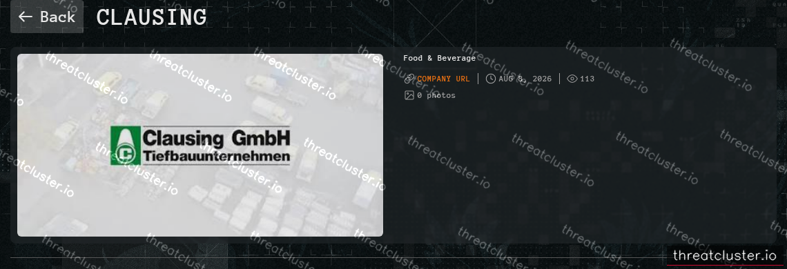 Leak-site post naming Clausing, captured by ThreatCluster