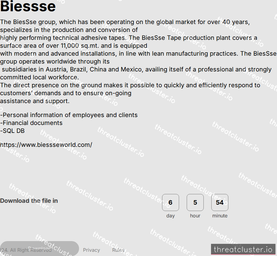 Leak-site post naming Biessse, captured by ThreatCluster