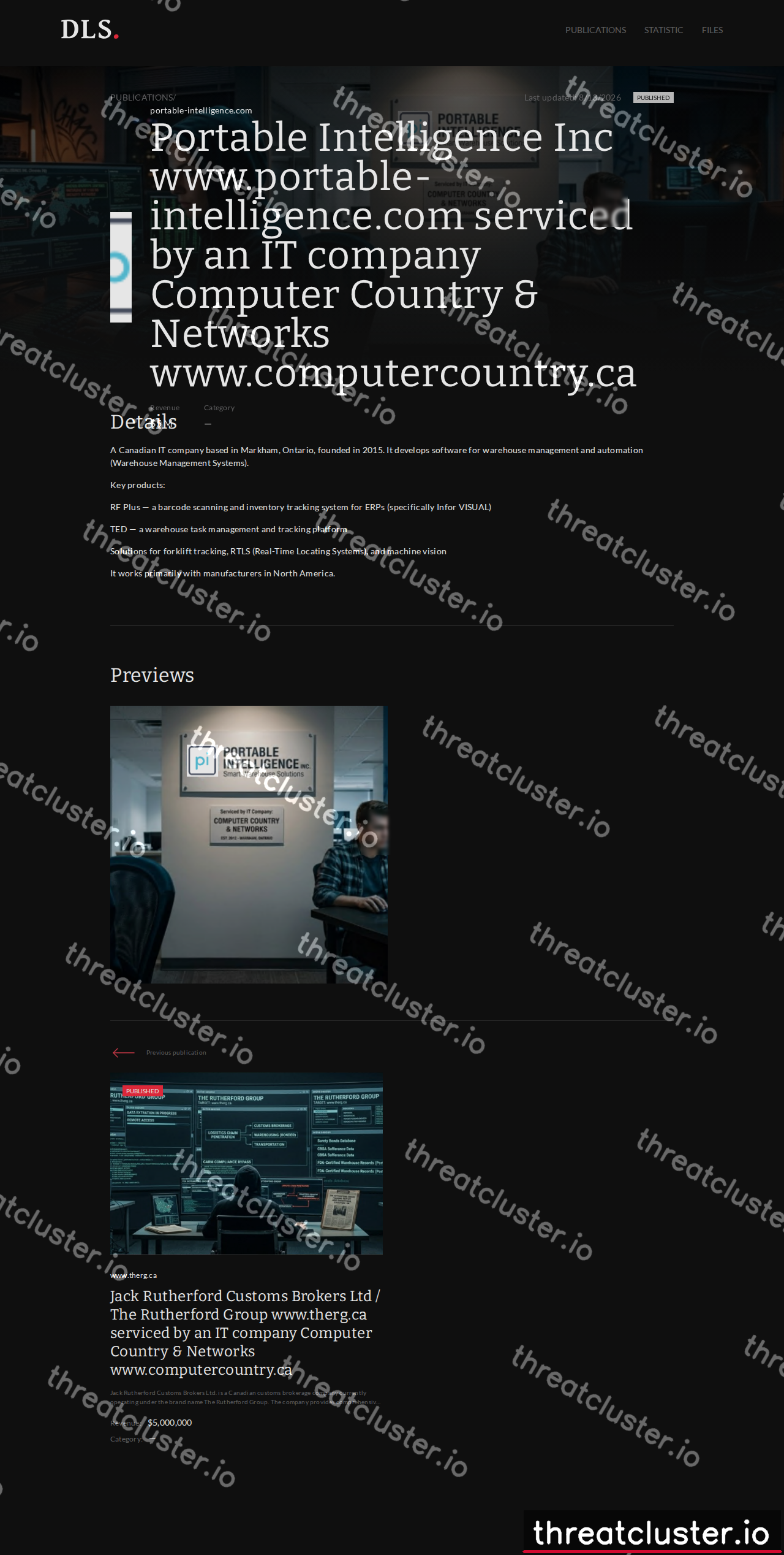 Leak-site post naming Portable Intelligence Inc www.portable-intelligence.com serviced by an IT company Computer..., captured by ThreatCluster