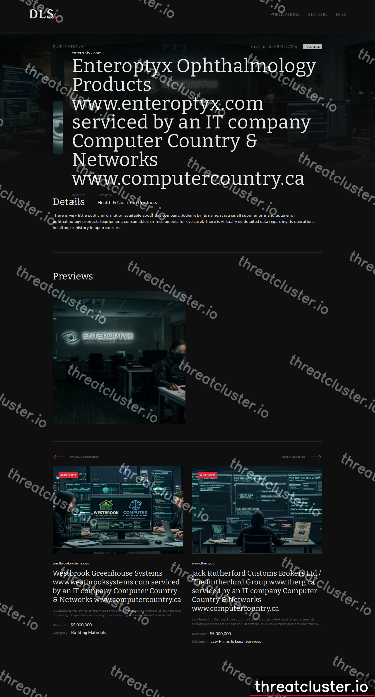 Leak-site post naming Enteroptyx Ophthalmology Products www.enteroptyx.com serviced by an IT company Computer Co..., captured by ThreatCluster