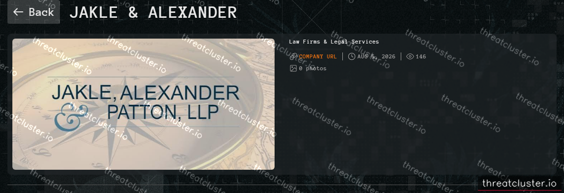 Leak-site post naming Jakle & Alexander, captured by ThreatCluster
