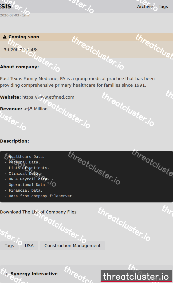 Leak-site post naming East Texas Family Medicine, captured by ThreatCluster