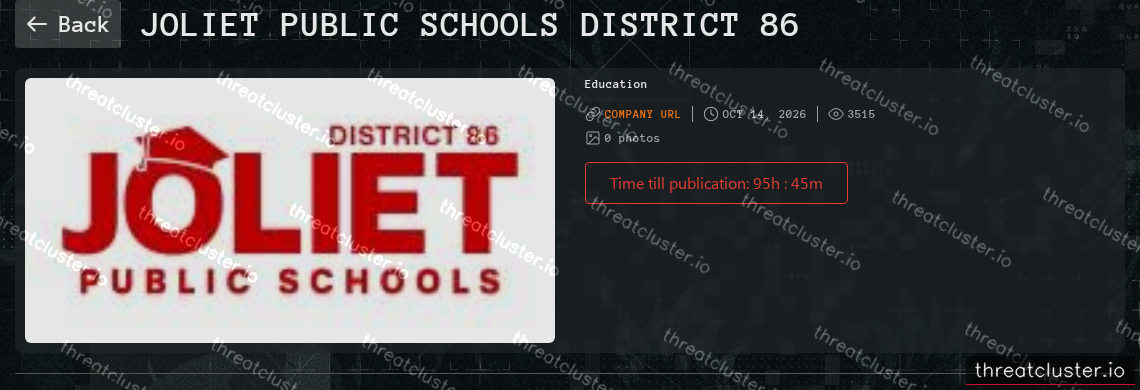 Leak-site post naming Joliet Public Schools District 86, captured by ThreatCluster