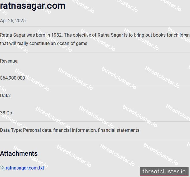 Leak-site post naming ratnasagar.com, captured by ThreatCluster
