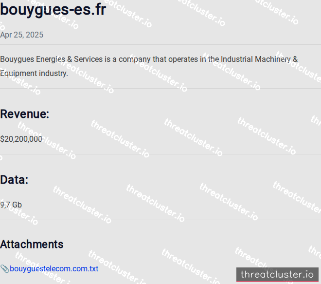 Leak-site post naming bouygues-es.fr, captured by ThreatCluster