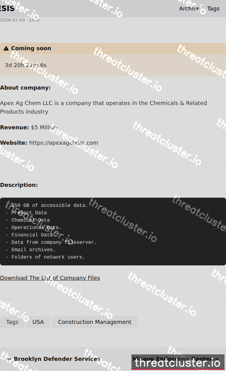 Leak-site post naming Apex Agro, LLC, captured by ThreatCluster