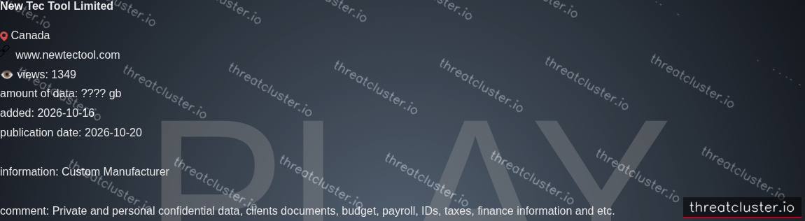Leak-site post naming New Tec Tool Limited, captured by ThreatCluster