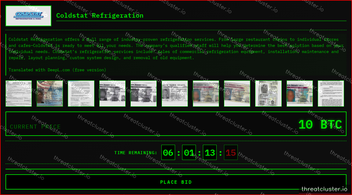Leak-site post naming Coldstat Refrigeration, captured by ThreatCluster