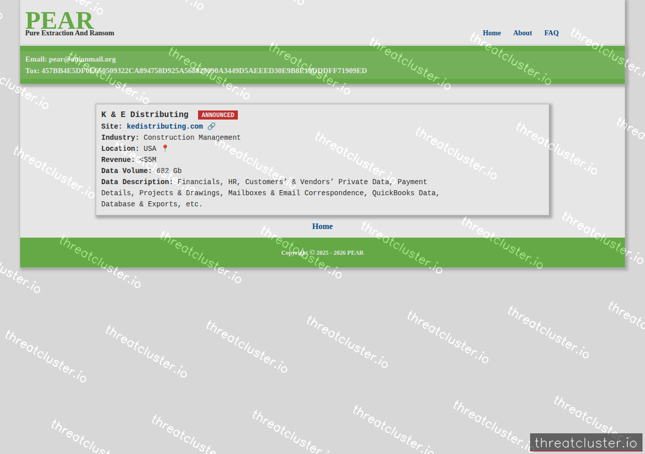 Leak-site post naming K & E Distributing, captured by ThreatCluster