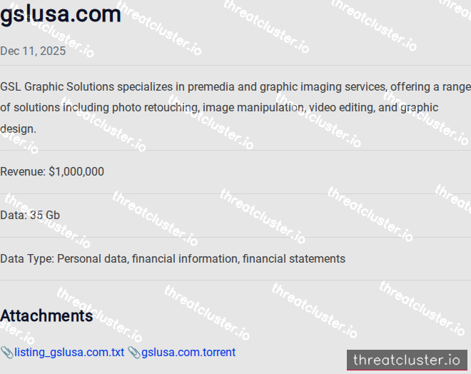 Leak-site post naming gslusa.com, captured by ThreatCluster