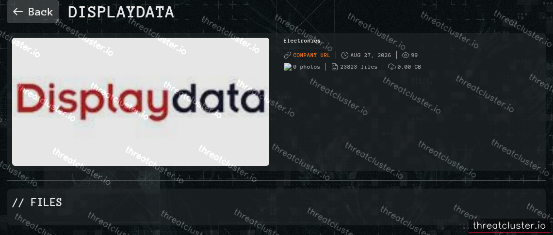 Leak-site post naming Displaydata, captured by ThreatCluster