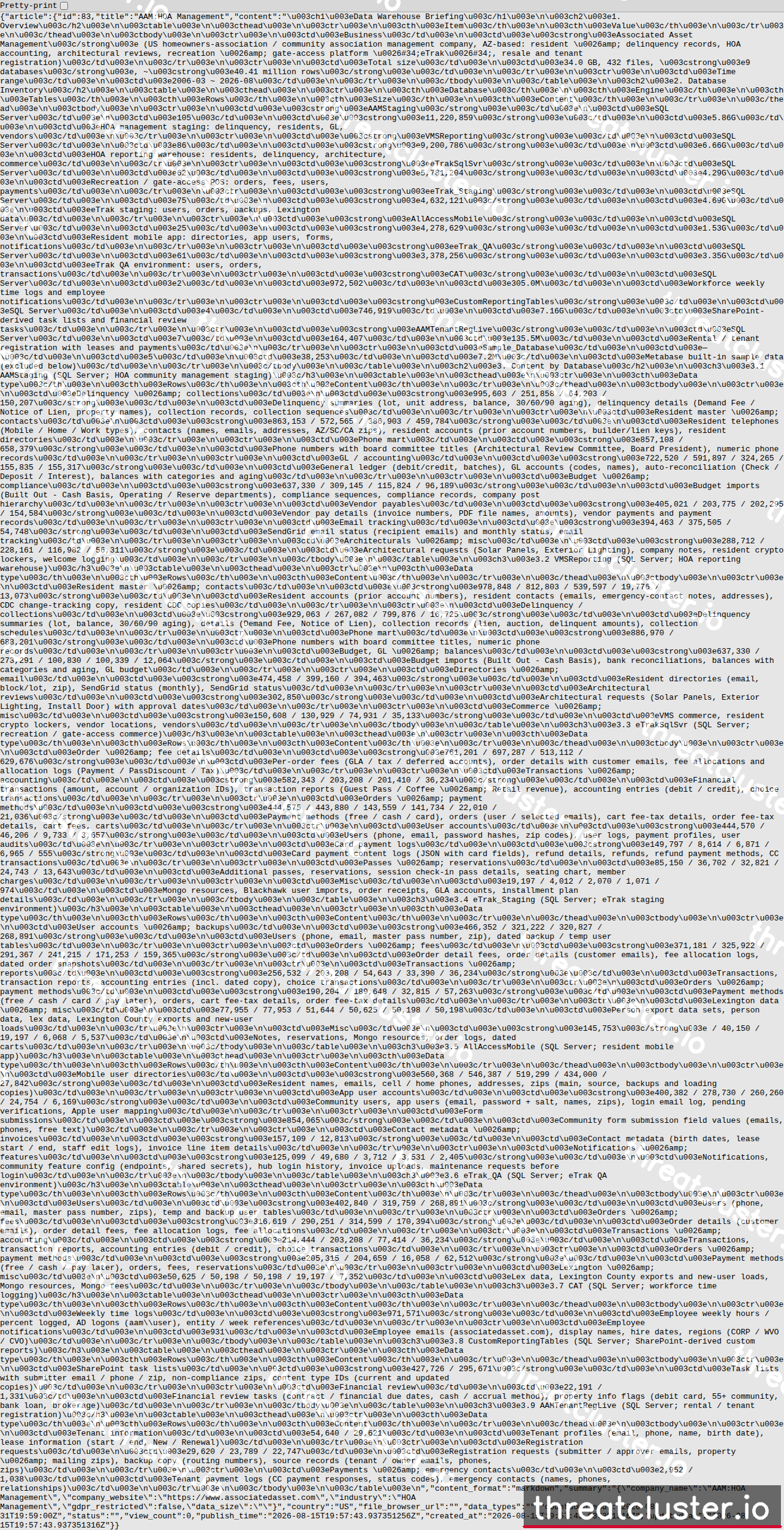 Leak-site post naming AAM:HOA Management, captured by ThreatCluster
