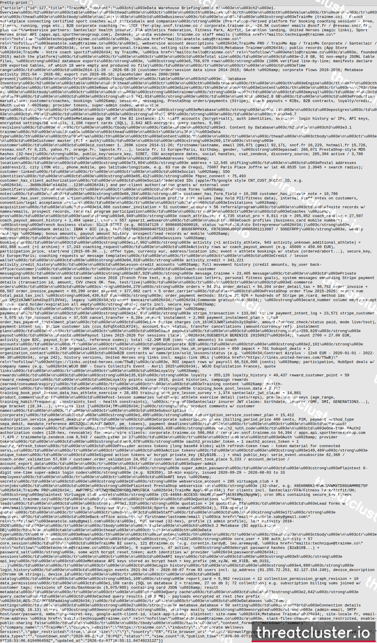 Leak-site post naming TrainMe, captured by ThreatCluster