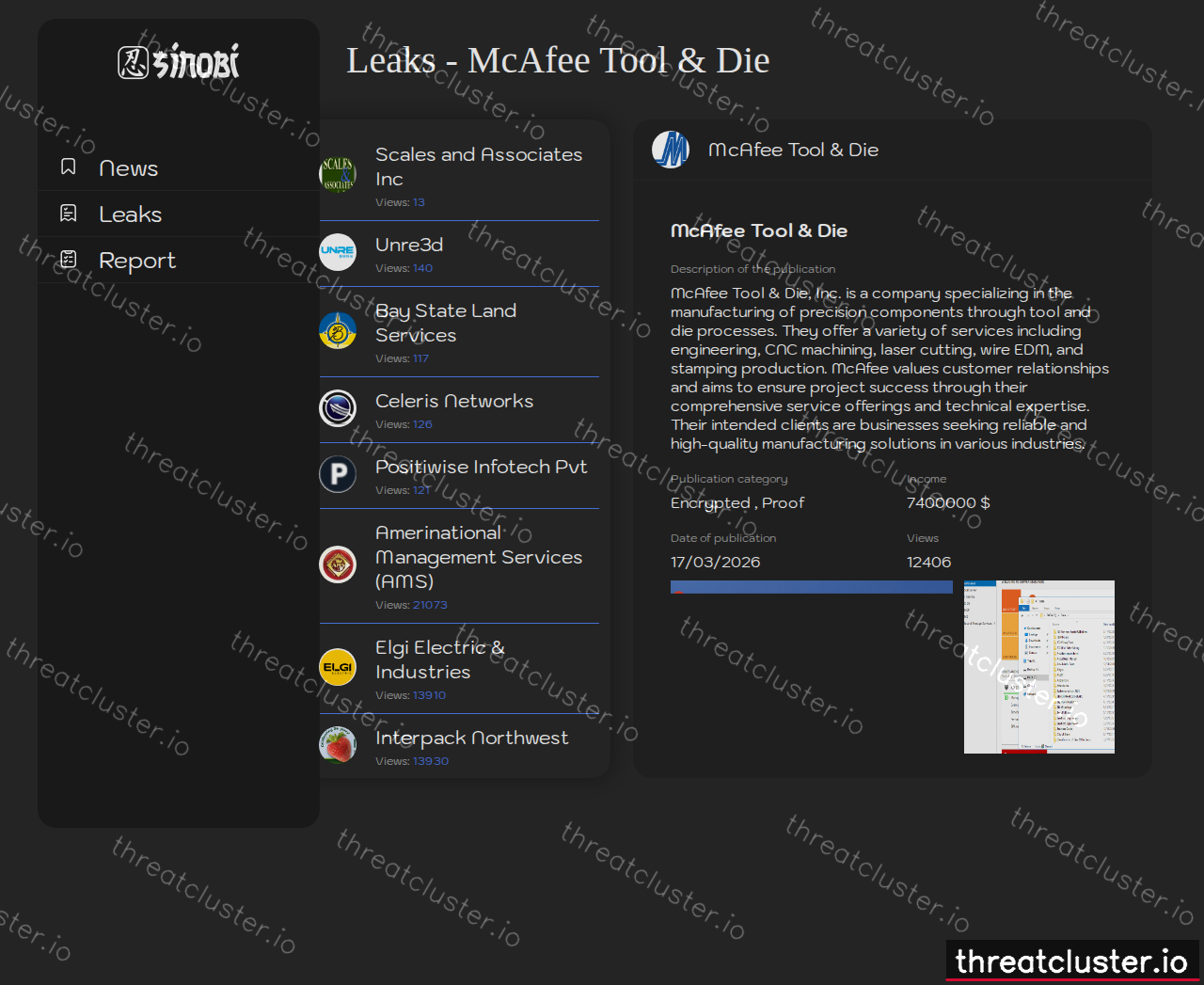 Leak-site post naming McAfee Tool & Die, captured by ThreatCluster