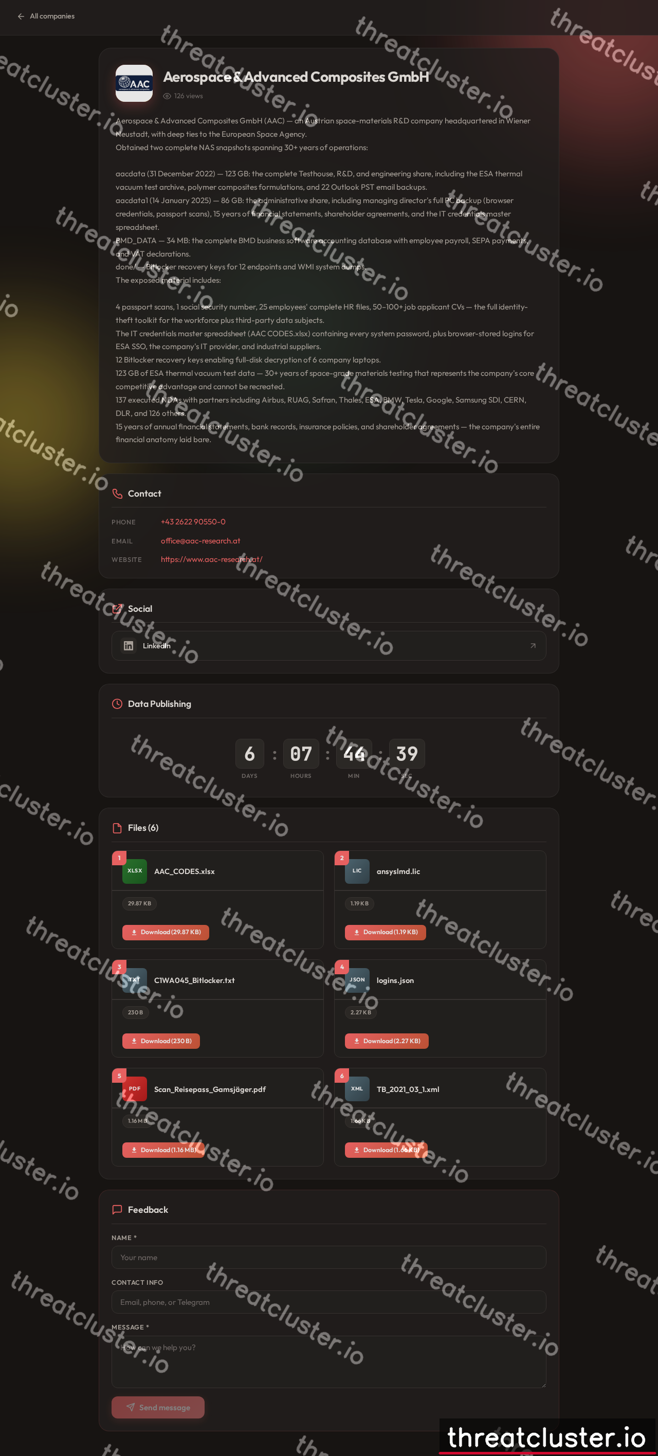 Leak-site post naming Aerospace & Advanced Composites GmbH, captured by ThreatCluster