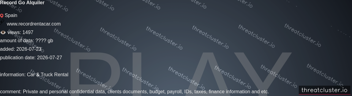Leak-site post naming Record Go Alquiler, captured by ThreatCluster