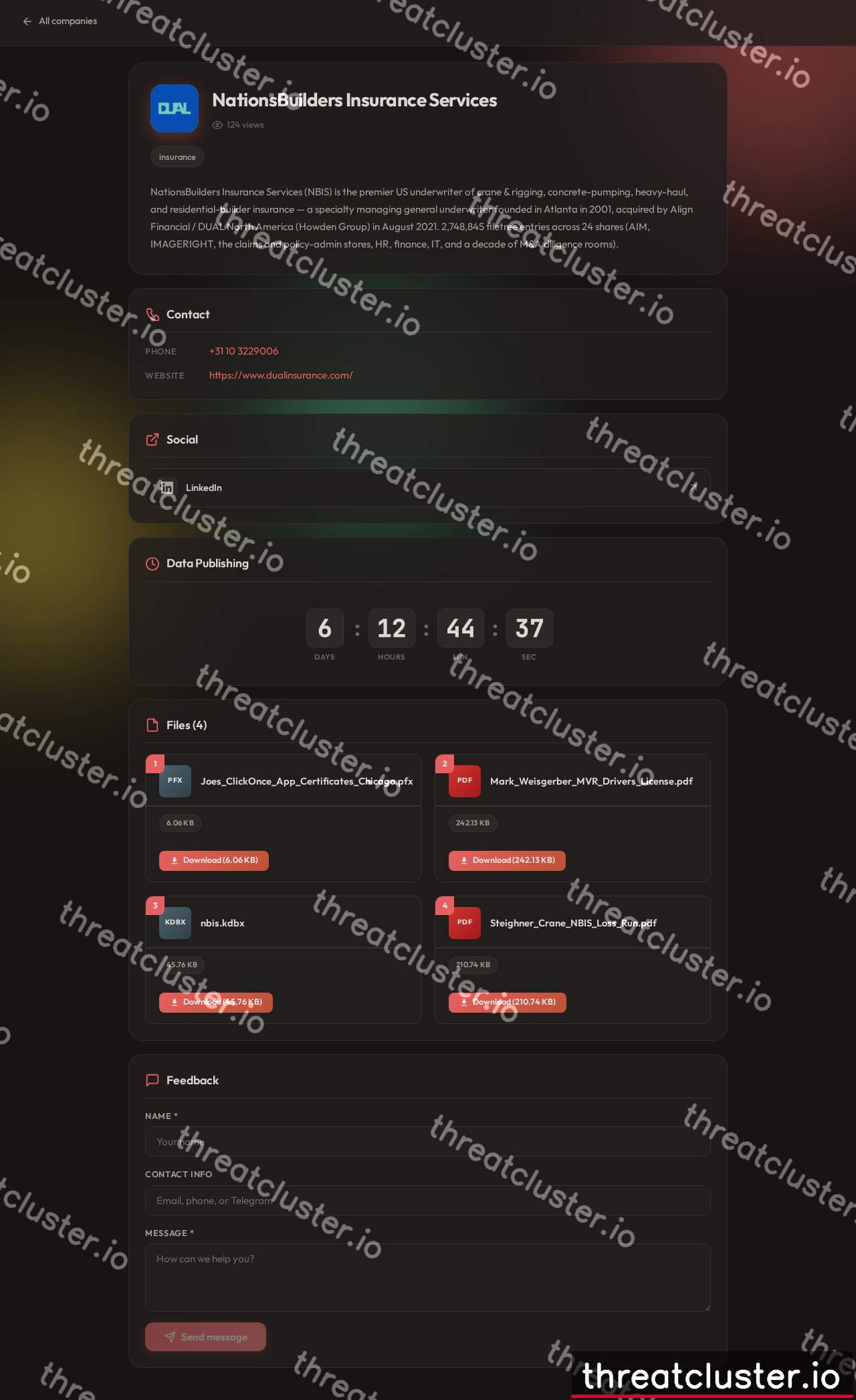 Leak-site post naming NationsBuilders Insurance Services, captured by ThreatCluster