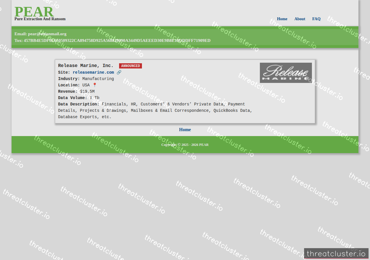 Leak-site post naming Release Marine, Inc., captured by ThreatCluster