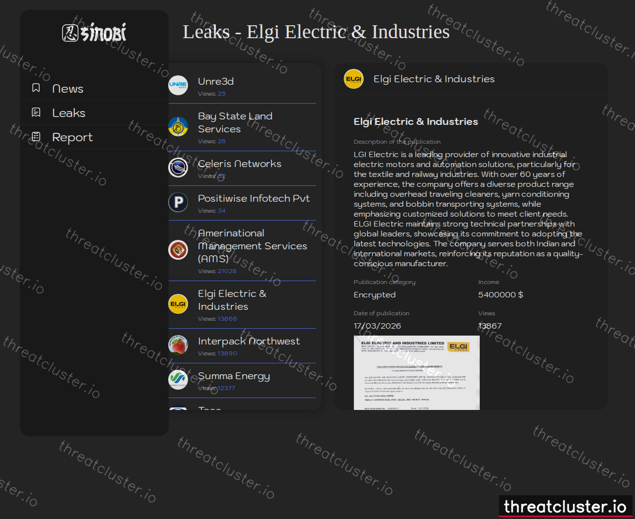 Leak-site post naming Elgi Electric & Industries, captured by ThreatCluster
