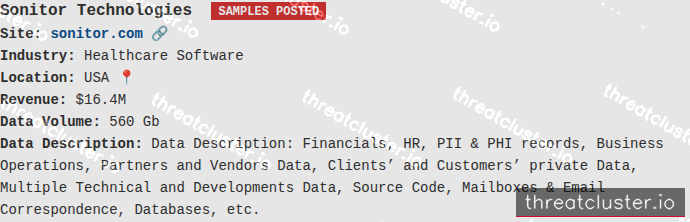 Leak-site post naming Sonitor Technologies, captured by ThreatCluster