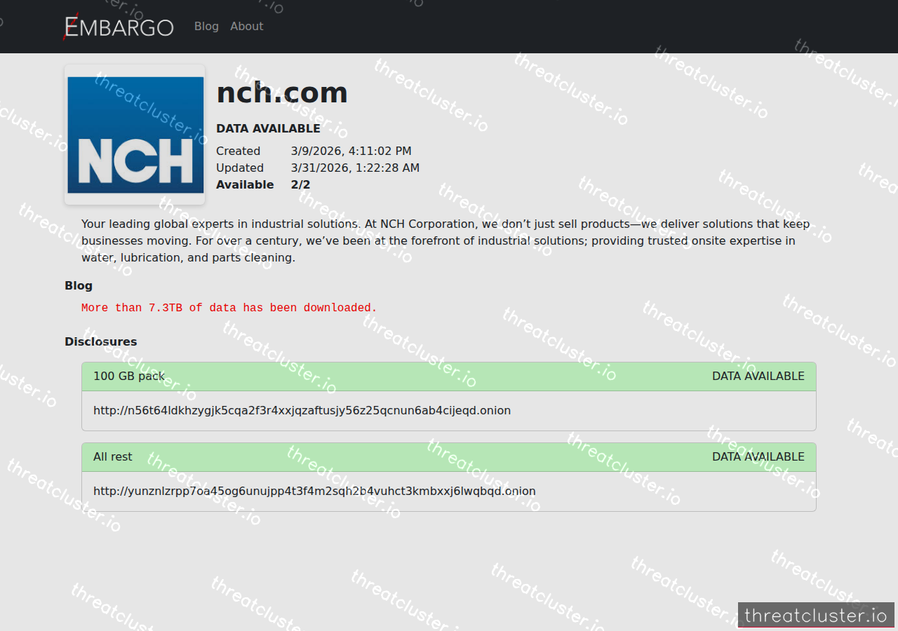 Leak-site post naming nch.com, captured by ThreatCluster