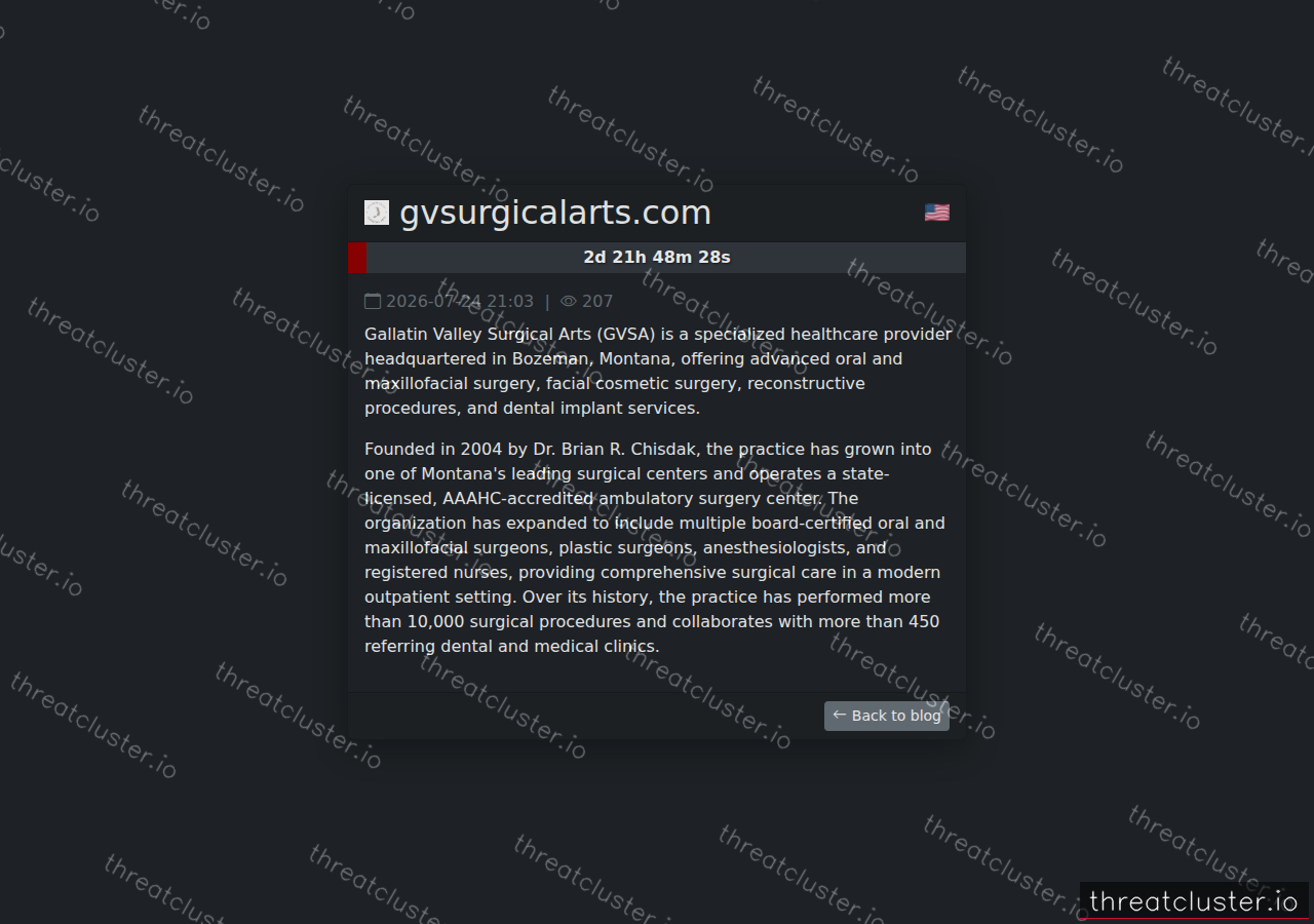 Leak-site post naming gvsurgicalarts.com, captured by ThreatCluster