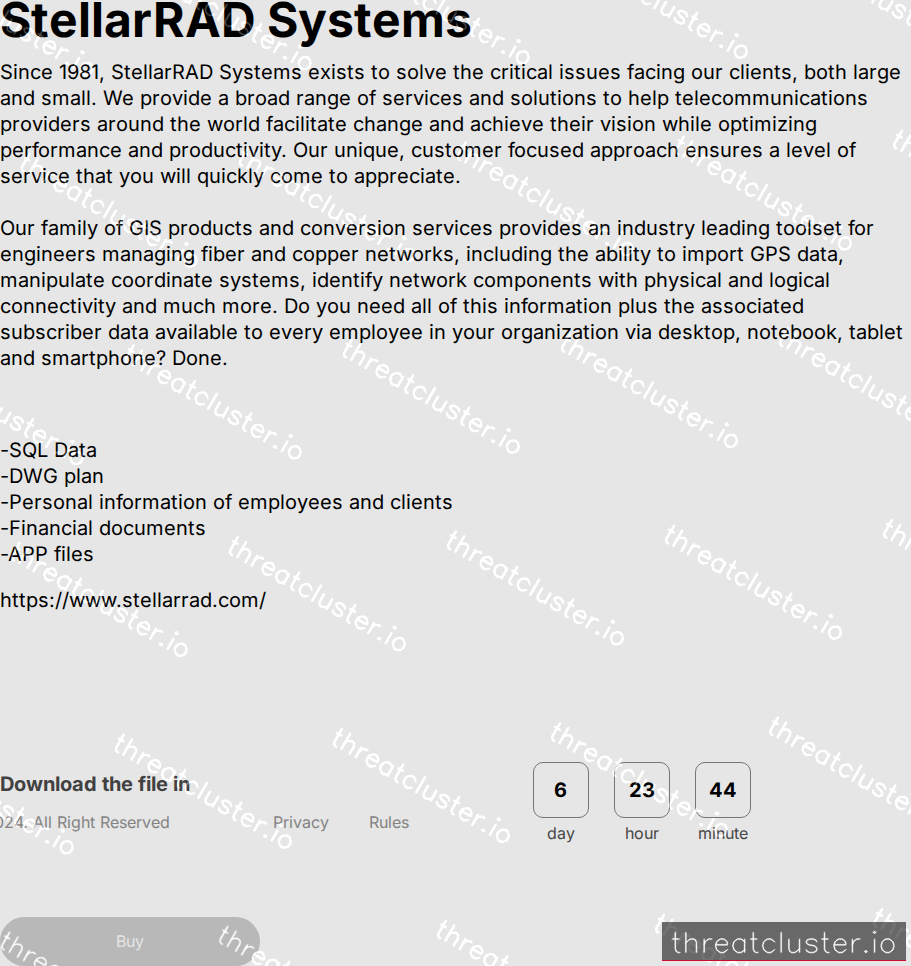 Leak-site post naming StellarRAD Systems, captured by ThreatCluster