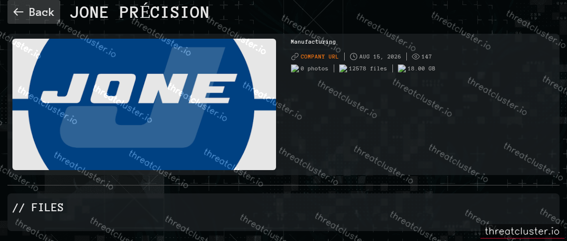 Leak-site post naming Jone Précision, captured by ThreatCluster
