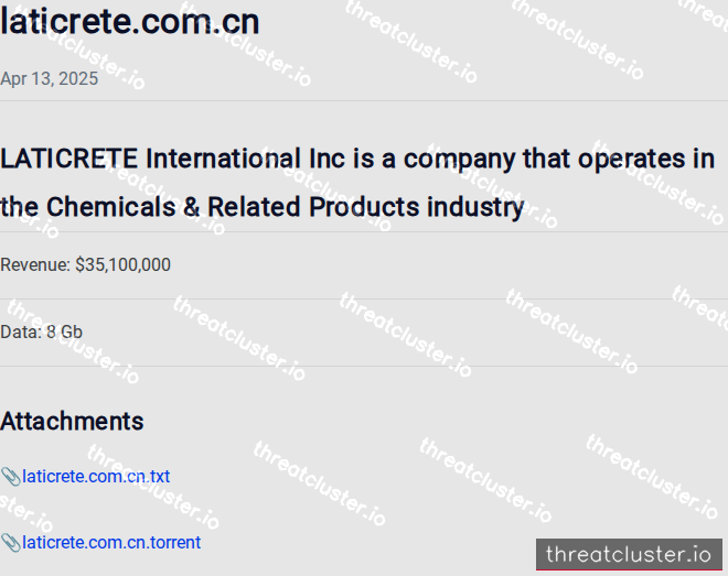 Leak-site post naming laticrete.com.cn, captured by ThreatCluster