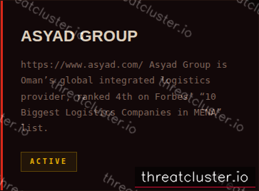 Leak-site post naming ASYAD GROUP, captured by ThreatCluster