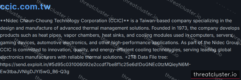 Leak-site post naming ccic.com.tw, captured by ThreatCluster