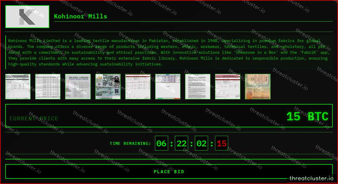 Leak-site post naming Kohinoor Mills, captured by ThreatCluster